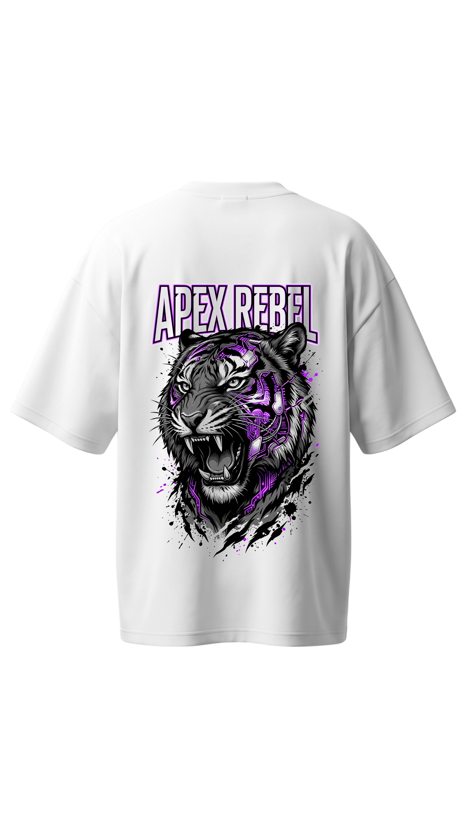 White short-sleeve t-shirt shown from the back, featuring a large graphic print of a roaring tiger in black and purple with the text 'APEX REBEL' above it.