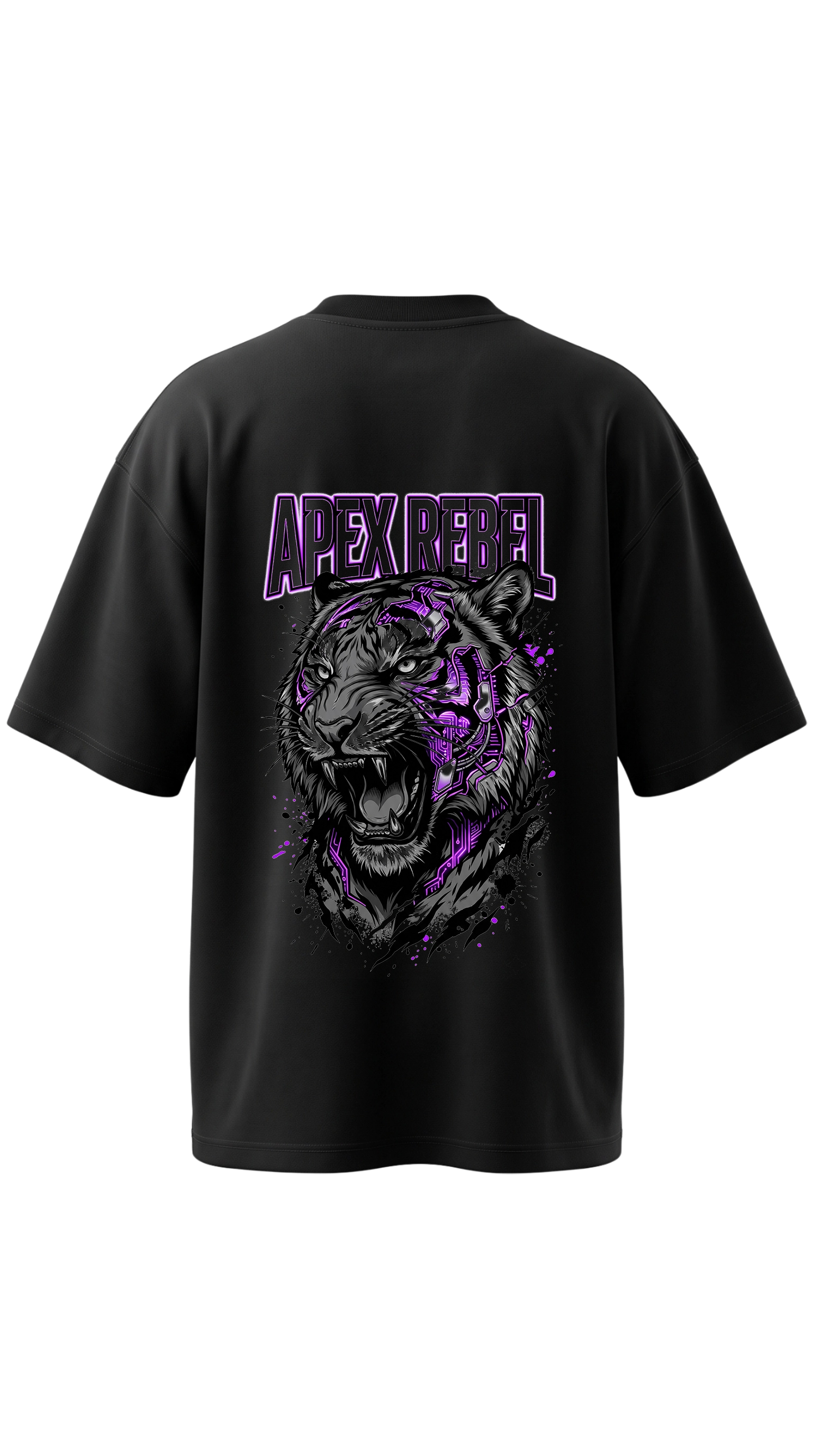 A black short-sleeve t-shirt shown from the back, featuring a large graphic print of a roaring tiger in black and purple with the text 'APEX REBEL' in purple above it.