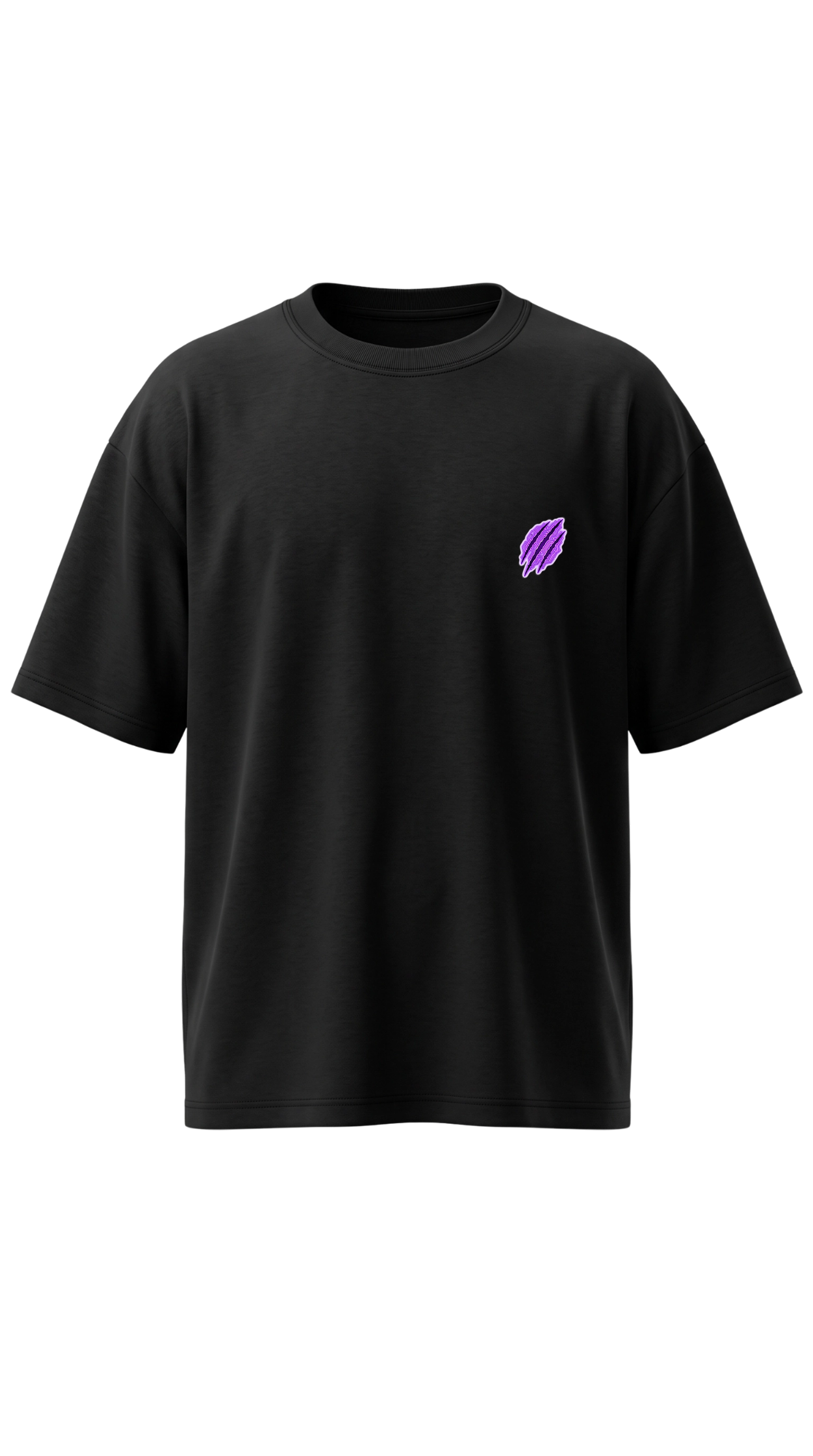 A black short-sleeve crewneck t-shirt with a small purple embroidered feather graphic on the left chest, displayed against a solid white background.