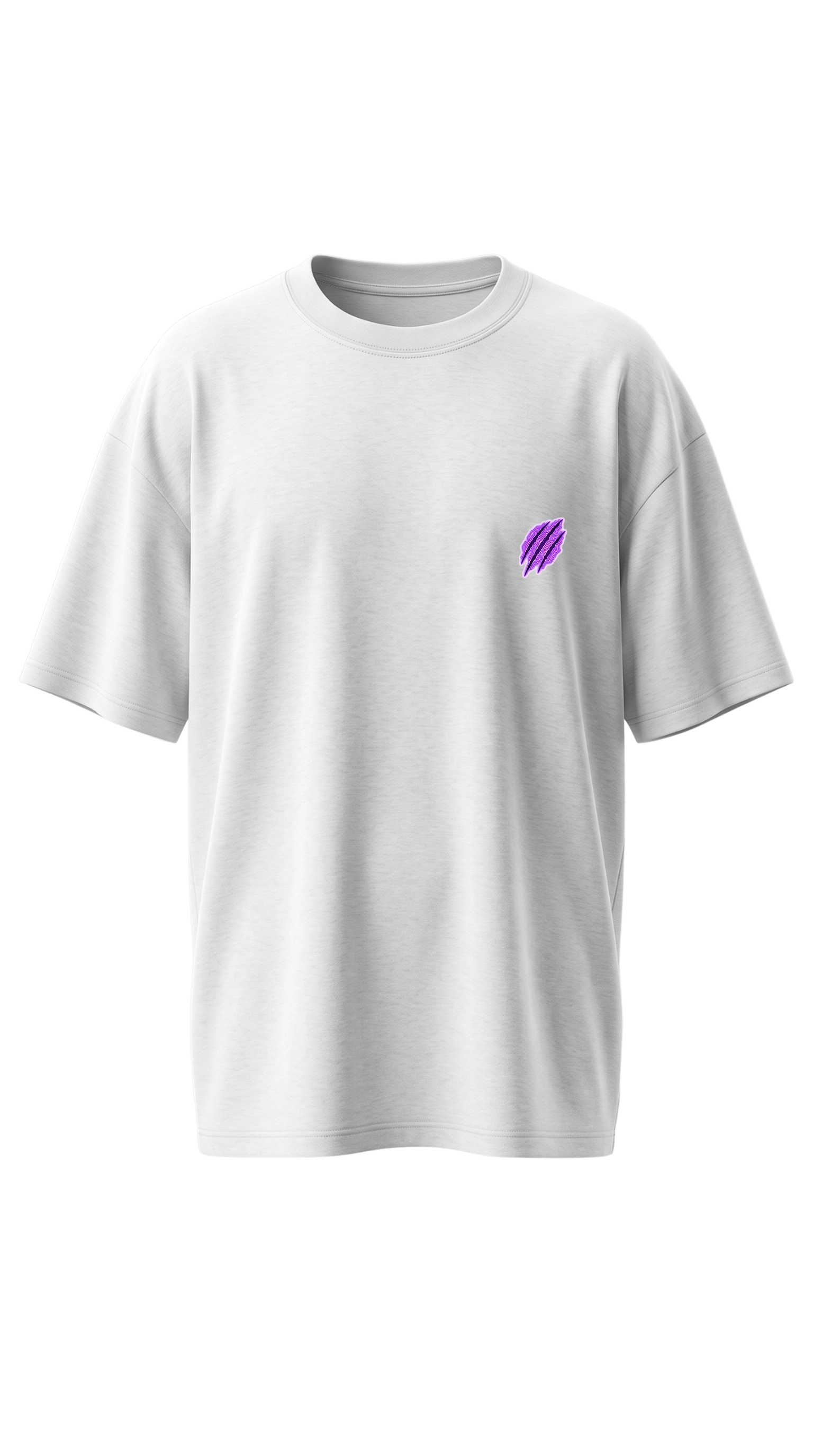 A white short-sleeve crewneck t-shirt with a small purple graphic on the left chest, displayed against a solid white background.