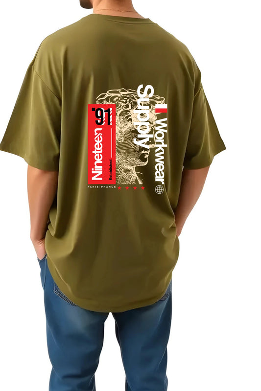 Back view of man wearing navy Nineteen ’91 Workwear Supply graphic