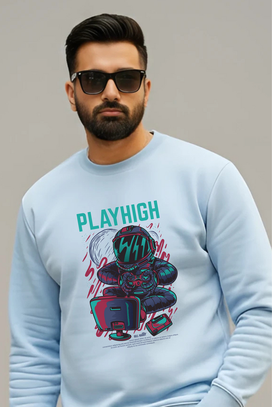 Man wearing light blue PLAYHIGH graphic sweatshirt by Gill Harry, featuring futuristic gamer design and bold "PLAYHIGH" text, styled with sunglasses — modern streetwear for gamers and trendsetters